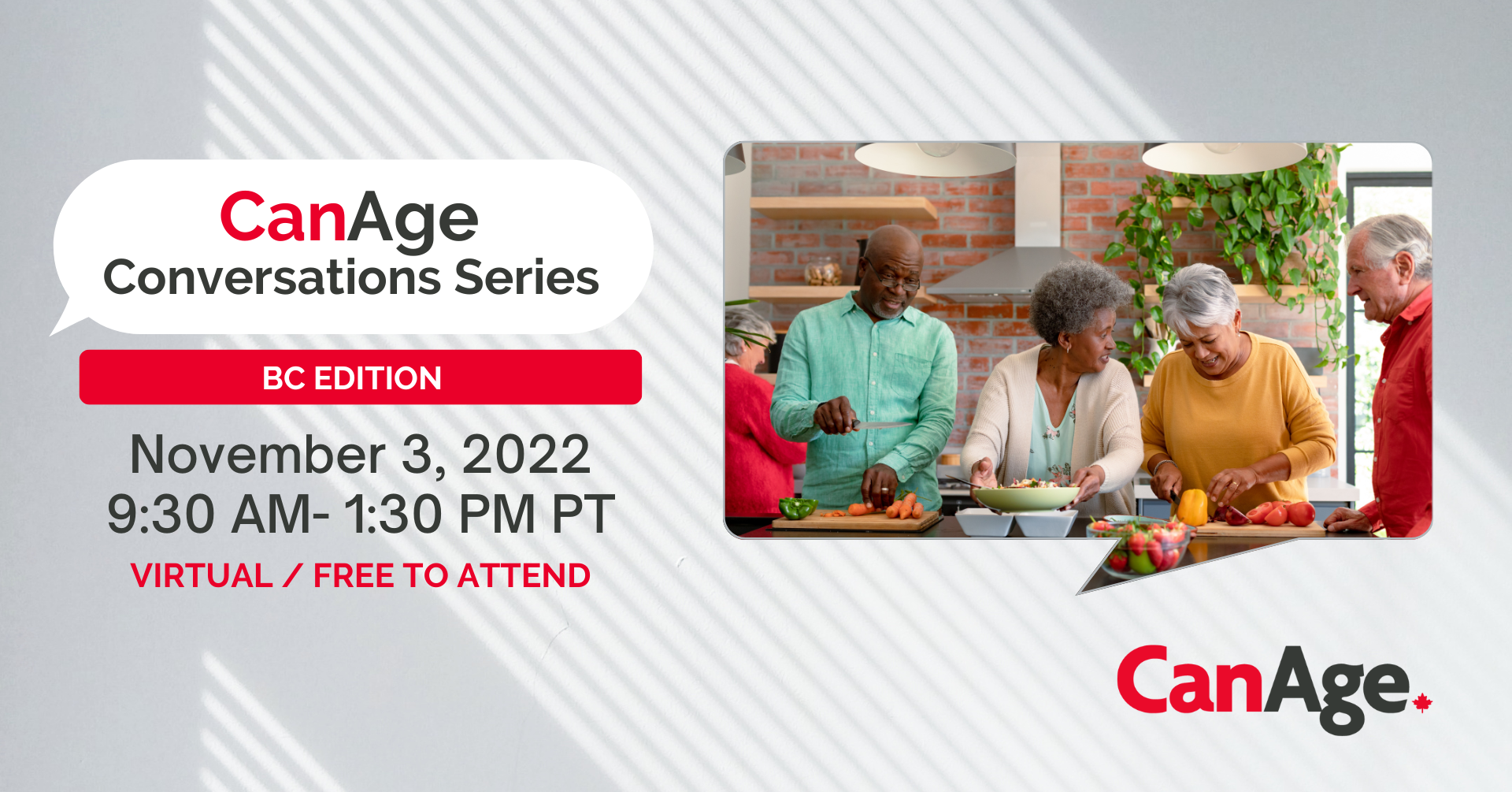 BC CanAge Conversations banner with a group of diverse seniors making a meal together